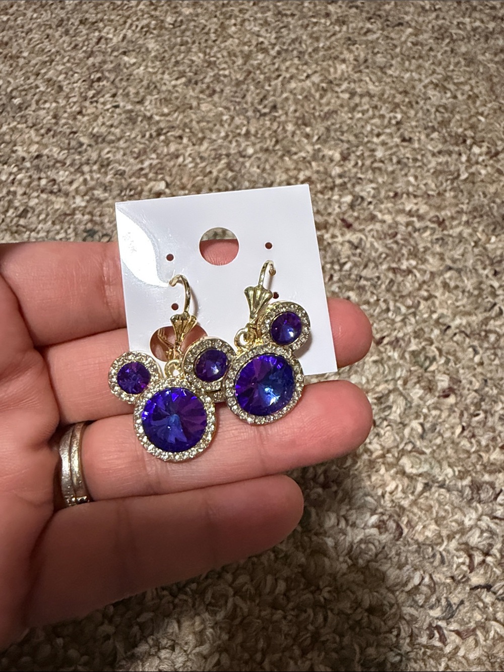 Gold-Tone Mickey Earrings with Deep Purple Crystal Accents